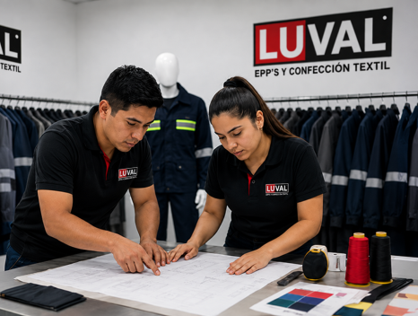 Equipo LUVAL revisando el diseño de un uniforme